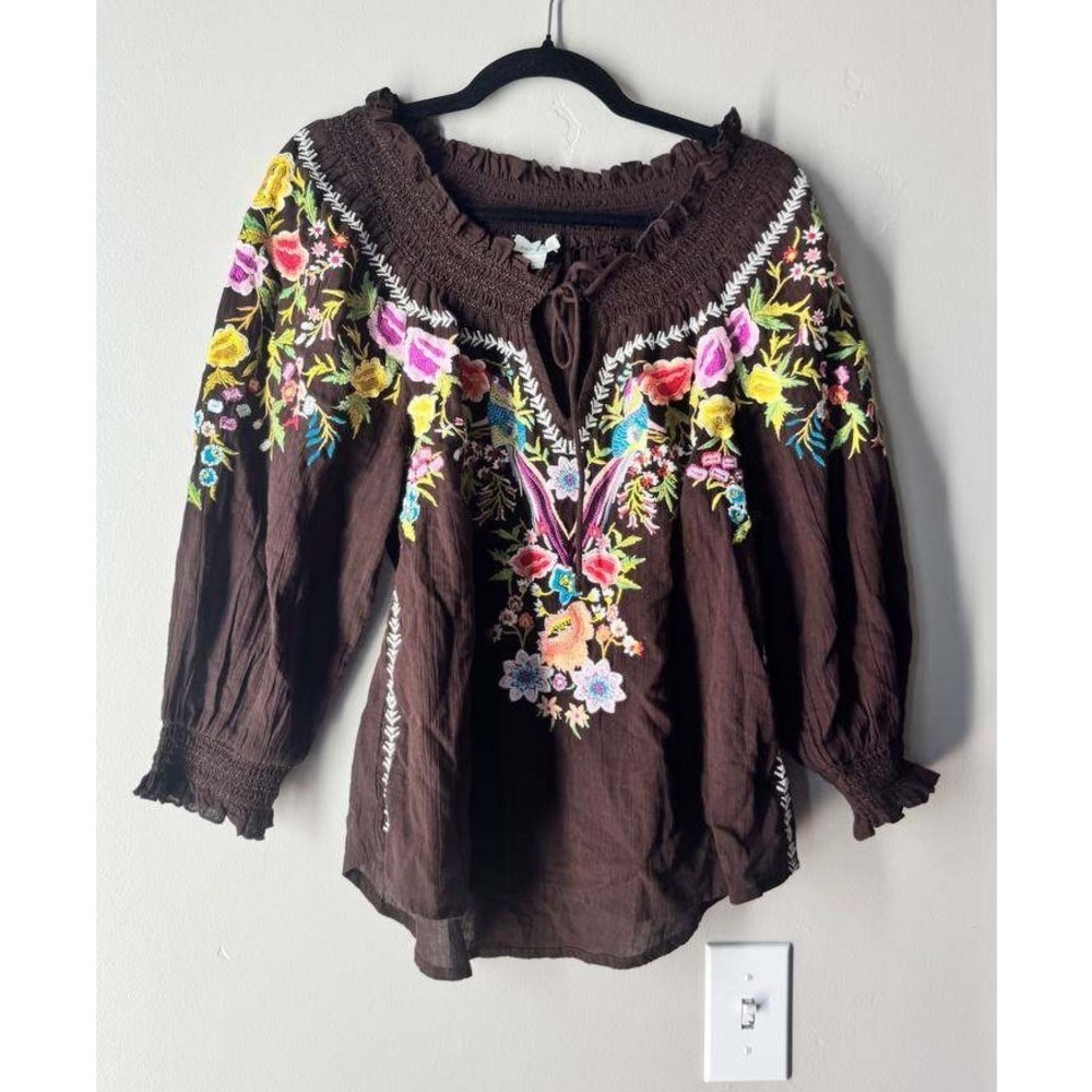 Sundance Amora Blooms Embroidered Peasant Blouse S Floral Boho Smocked Cotton - Picture 2 of 8